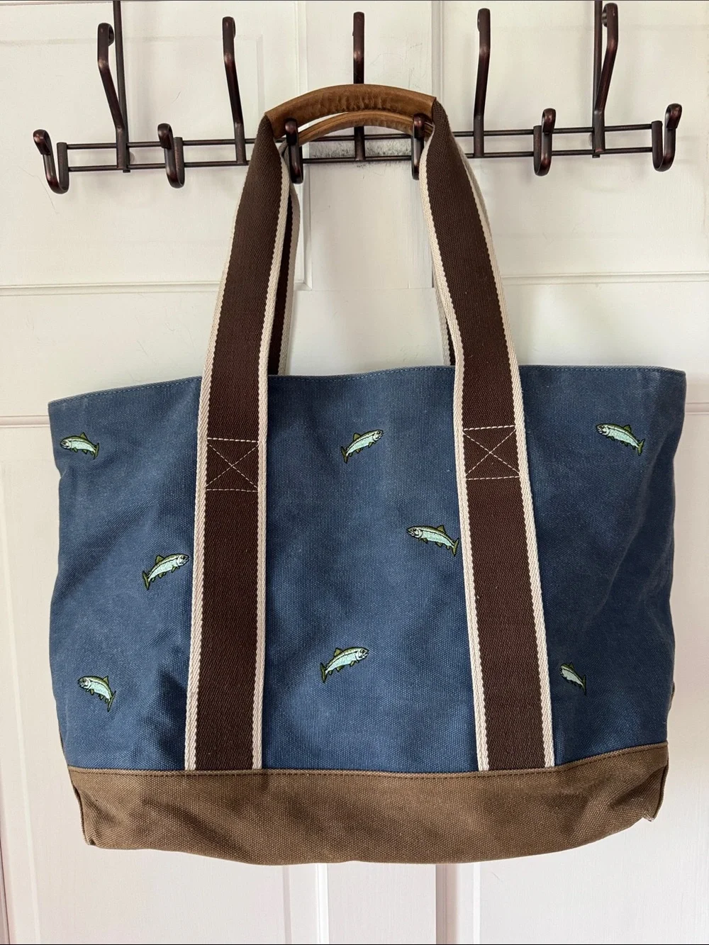 L.L. Bean Vintage  RARE Navy Canvas Tote w/ Fish Embroidery & Leather Brown Trim